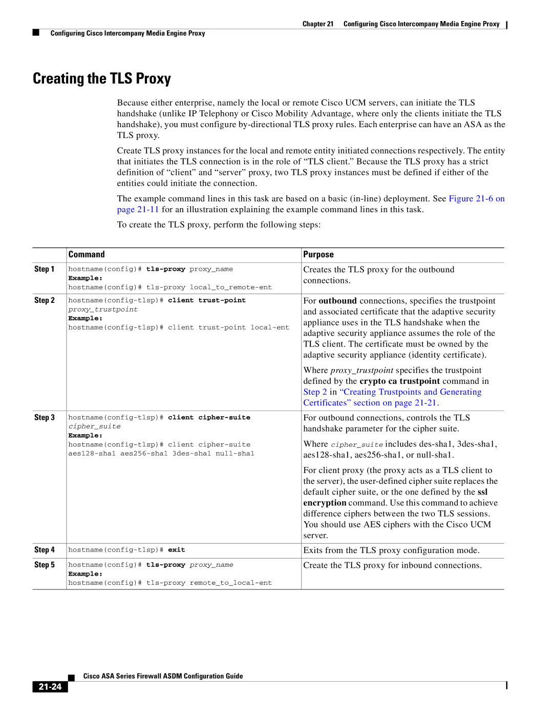 Cisco Systems ASA 5555-X, ASA 5505, ASA 5545-X, ASA 5585-X, ASA 5580, ASA Services Module manual Creating the TLS Proxy, 21-24 