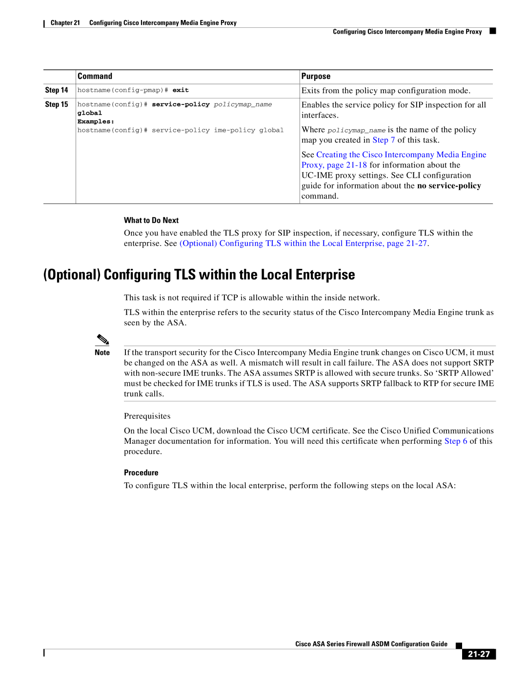 Cisco Systems ASA Services Module, ASA 5505, ASA 5545-X manual Optional Configuring TLS within the Local Enterprise, 21-27 