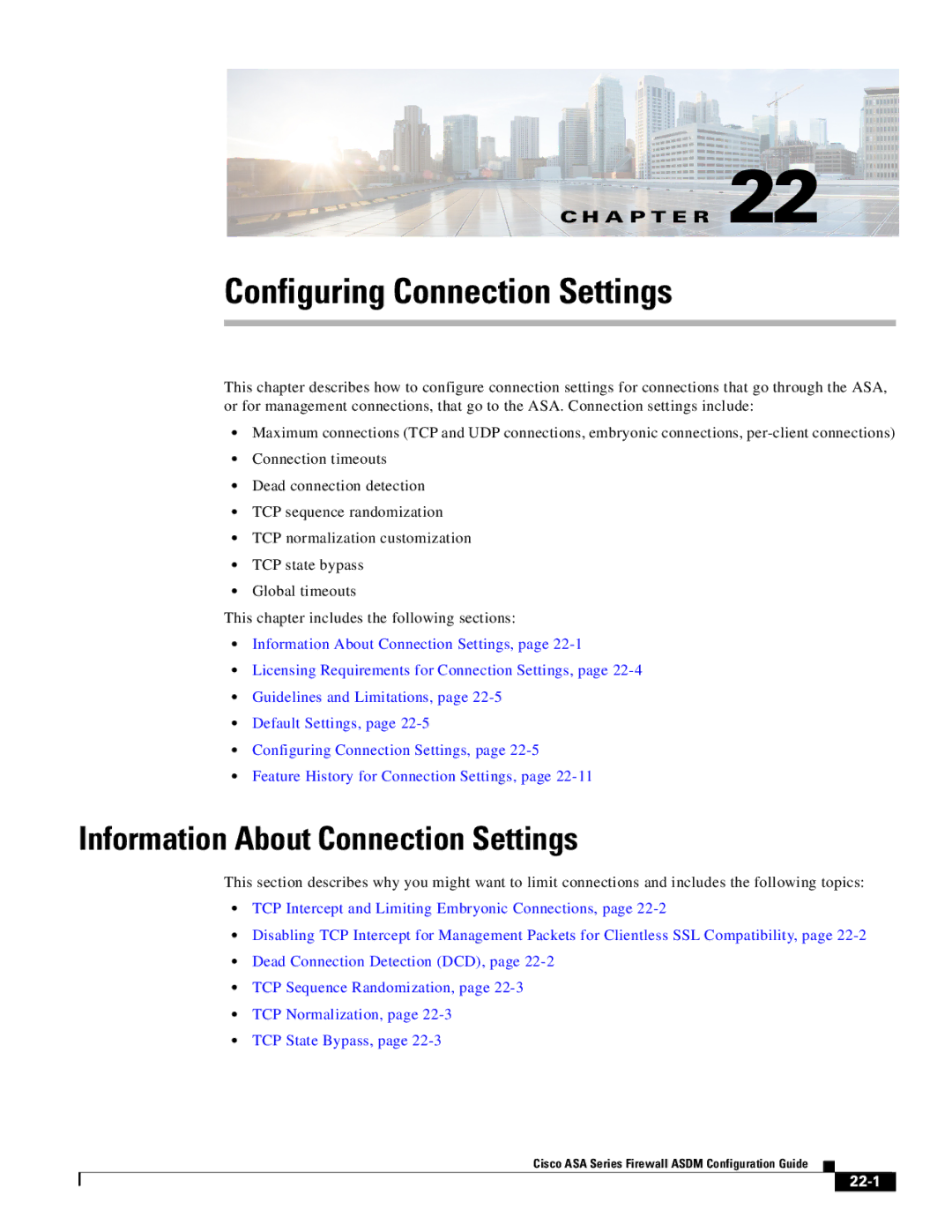 Cisco Systems ASA 5545-X, ASA 5505, ASA 5555-X Configuring Connection Settings, Information About Connection Settings, 22-1 