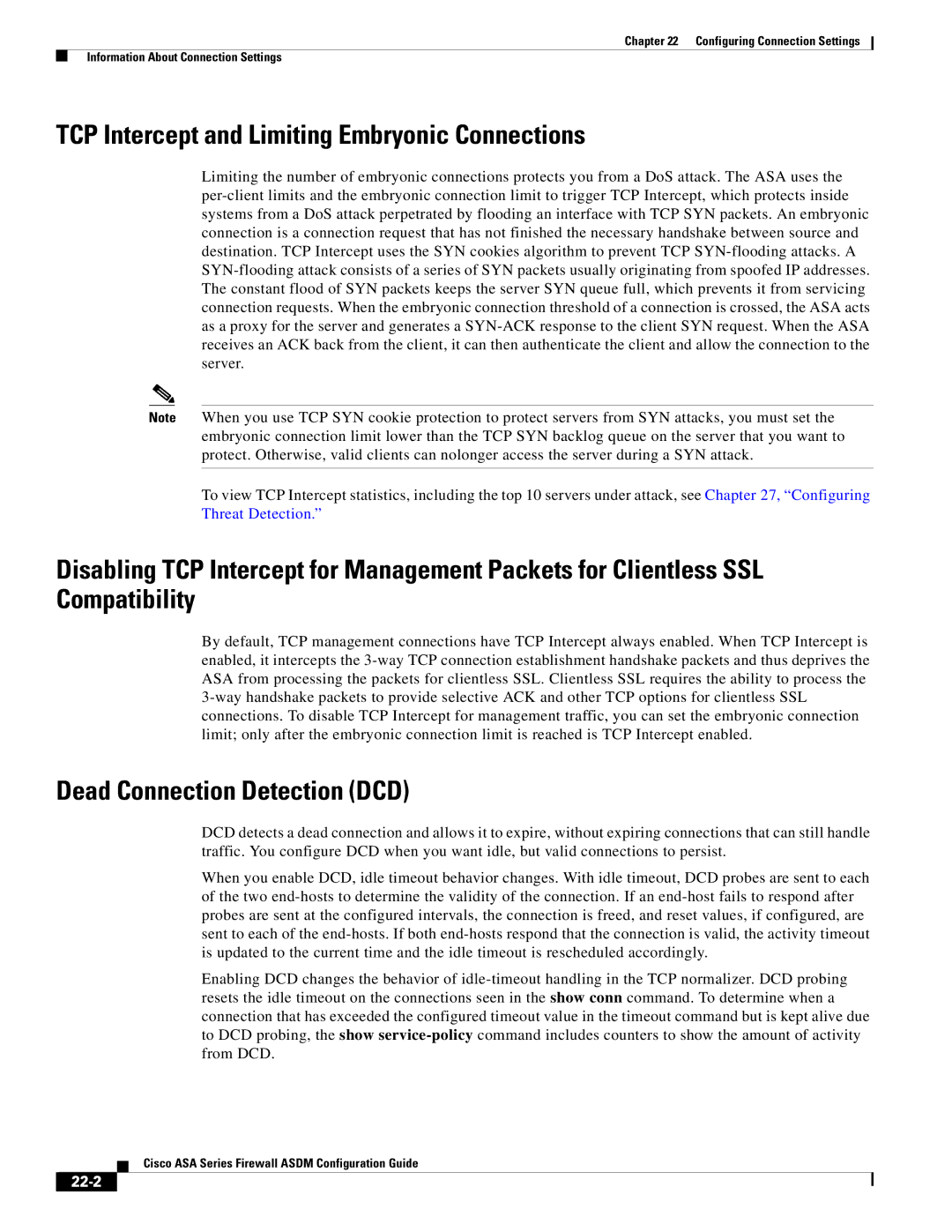 Cisco Systems ASA 5555-X, ASA 5505 TCP Intercept and Limiting Embryonic Connections, Dead Connection Detection DCD, 22-2 