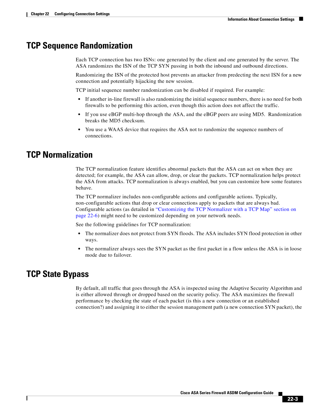 Cisco Systems ASA 5585-X, ASA 5505, ASA 5545-X manual TCP Sequence Randomization, TCP Normalization, TCP State Bypass, 22-3 