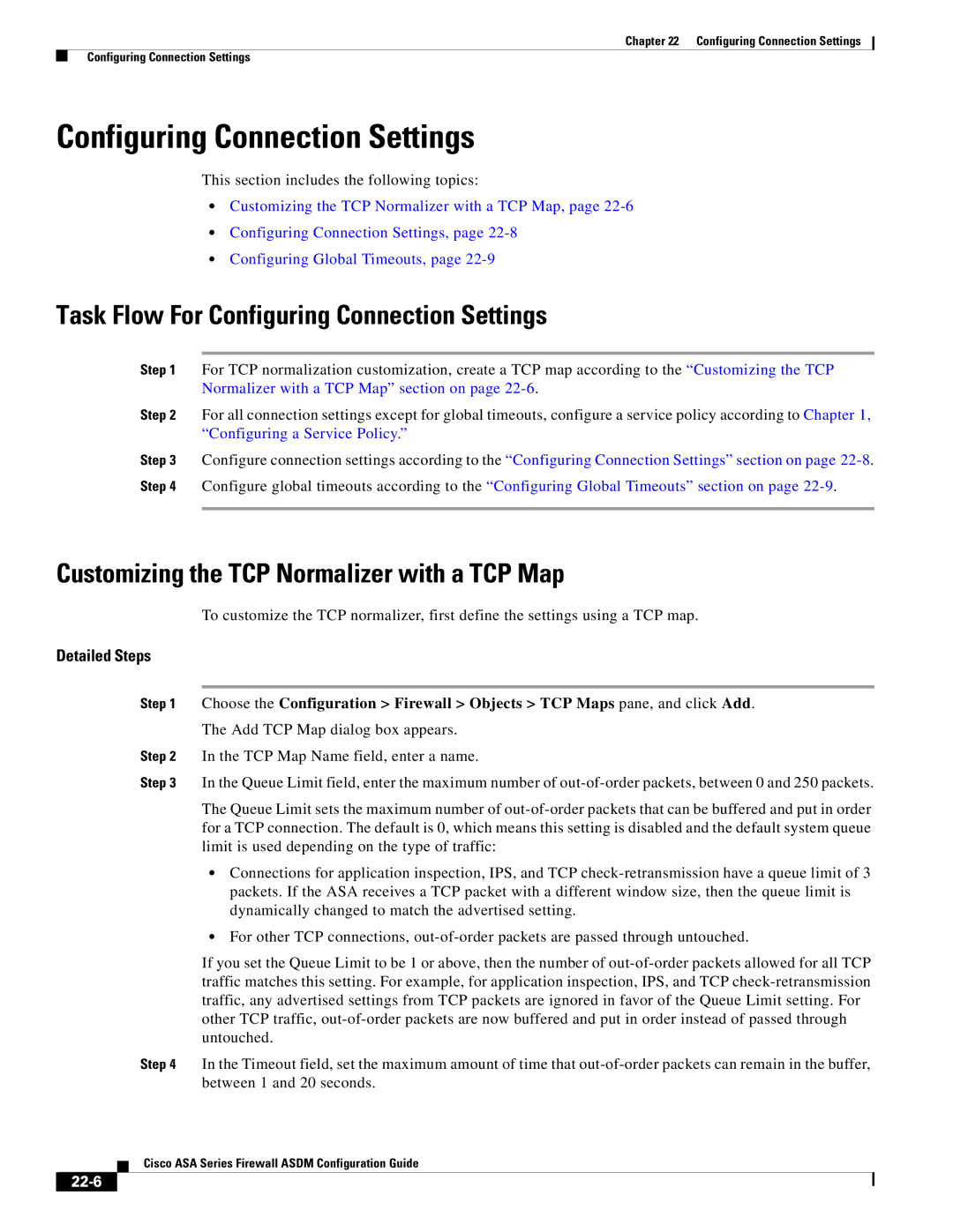 Cisco Systems ASA 5505 Task Flow For Configuring Connection Settings, Customizing the TCP Normalizer with a TCP Map 