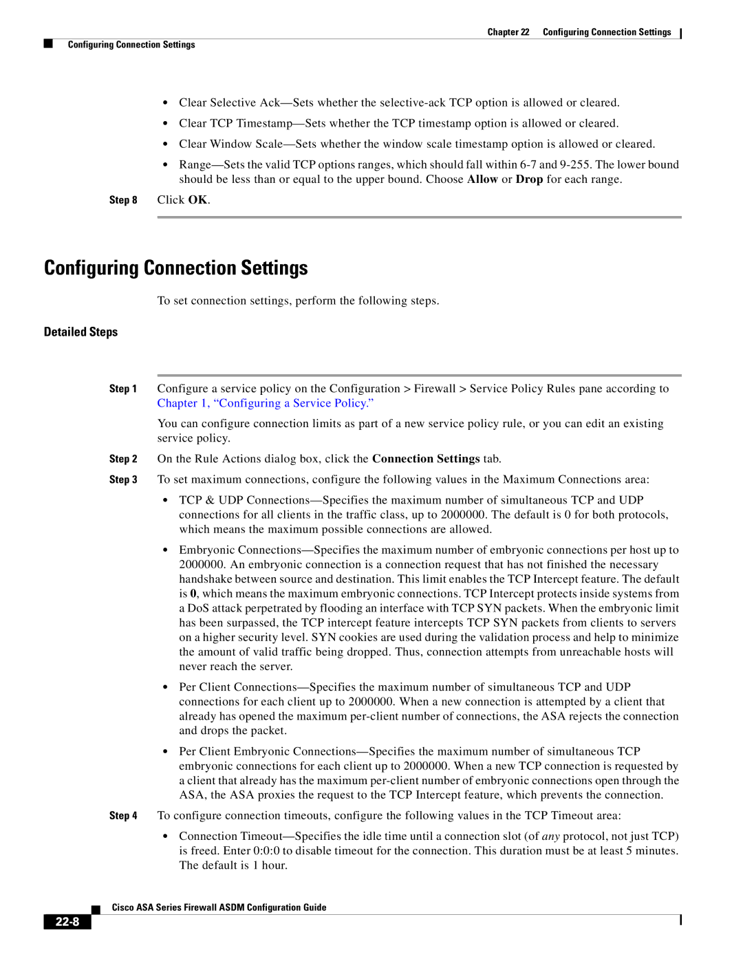 Cisco Systems ASA 5555-X, ASA 5505, ASA 5545-X, ASA 5585-X, ASA 5580 manual Configuring Connection Settings, 22-8 