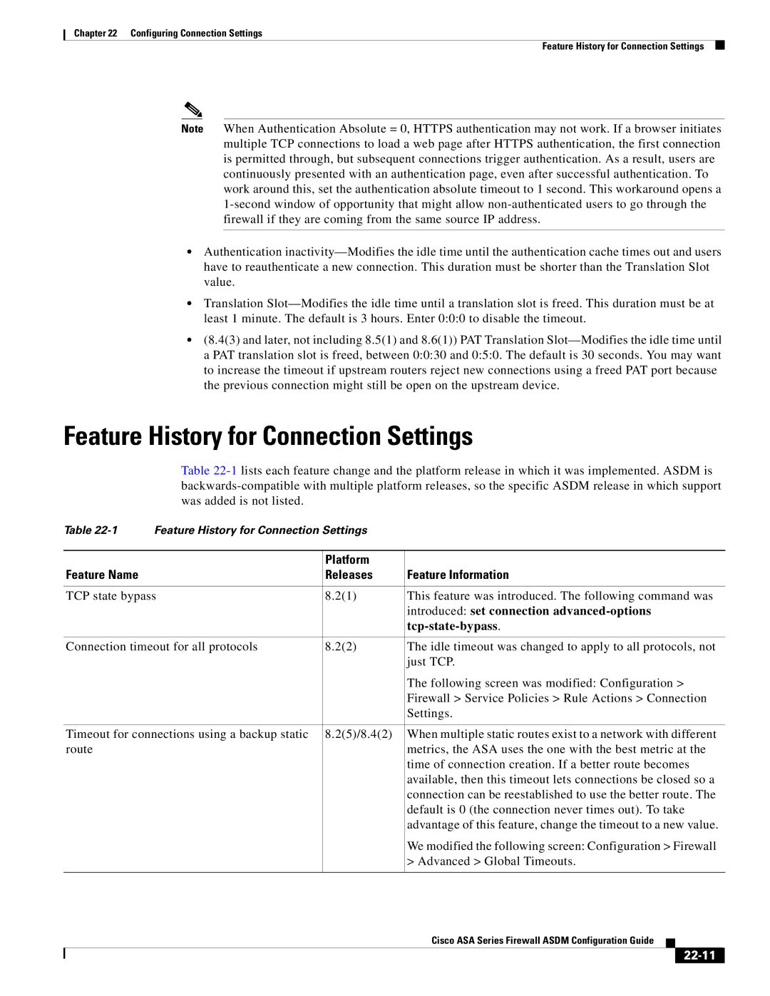 Cisco Systems ASA Services Module Feature History for Connection Settings, Introduced set connection advanced-options 