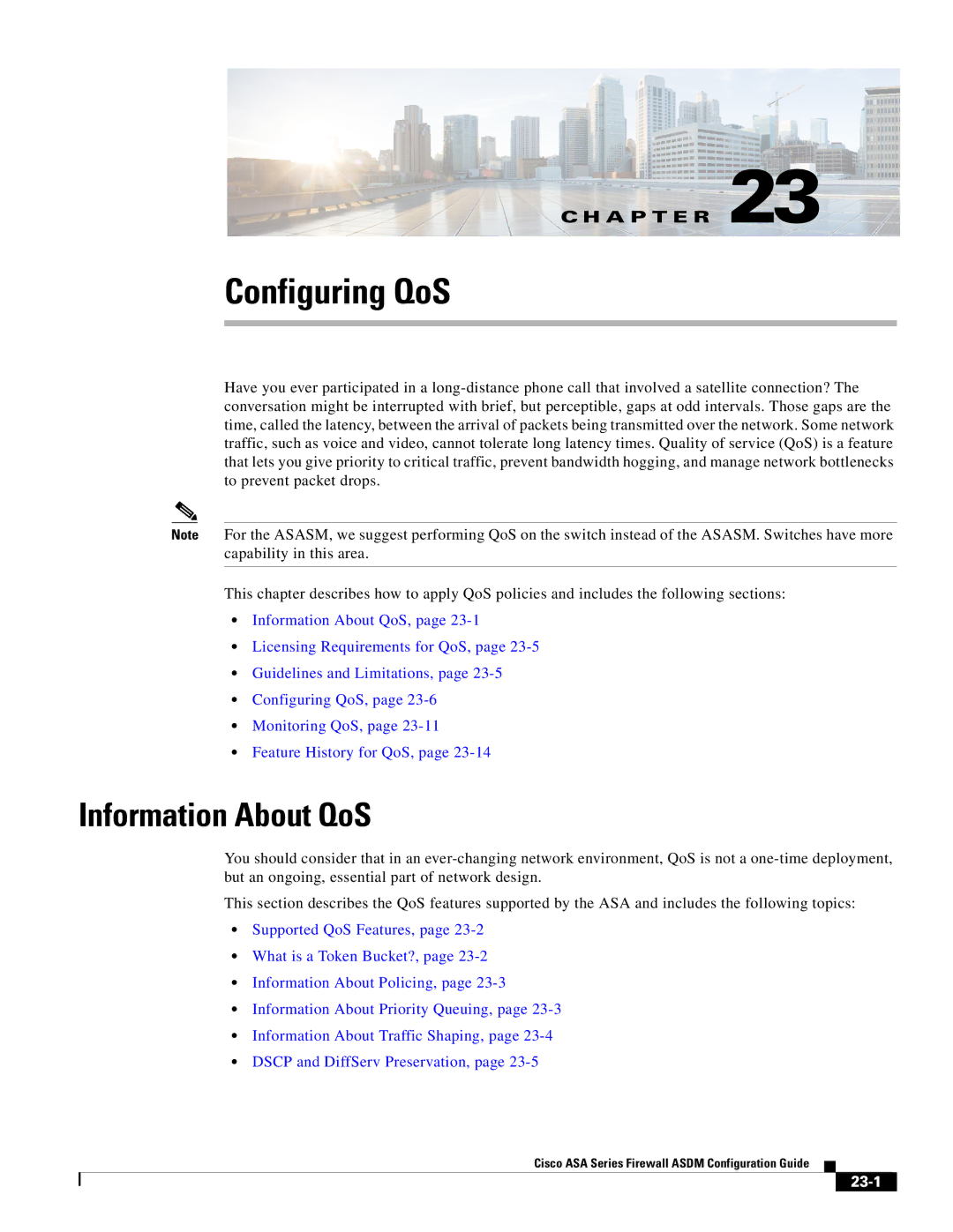 Cisco Systems ASA 5545-X, ASA 5505, ASA 5555-X, ASA 5585-X, ASA 5580 manual Configuring QoS, Information About QoS, 23-1 