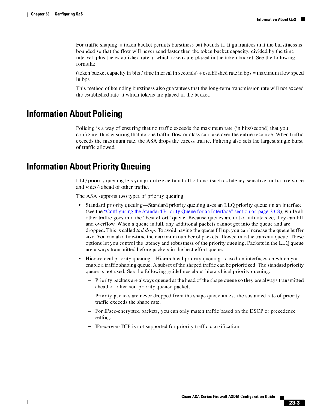 Cisco Systems ASA 5585-X, ASA 5505, ASA 5545-X manual Information About Policing, Information About Priority Queuing, 23-3 