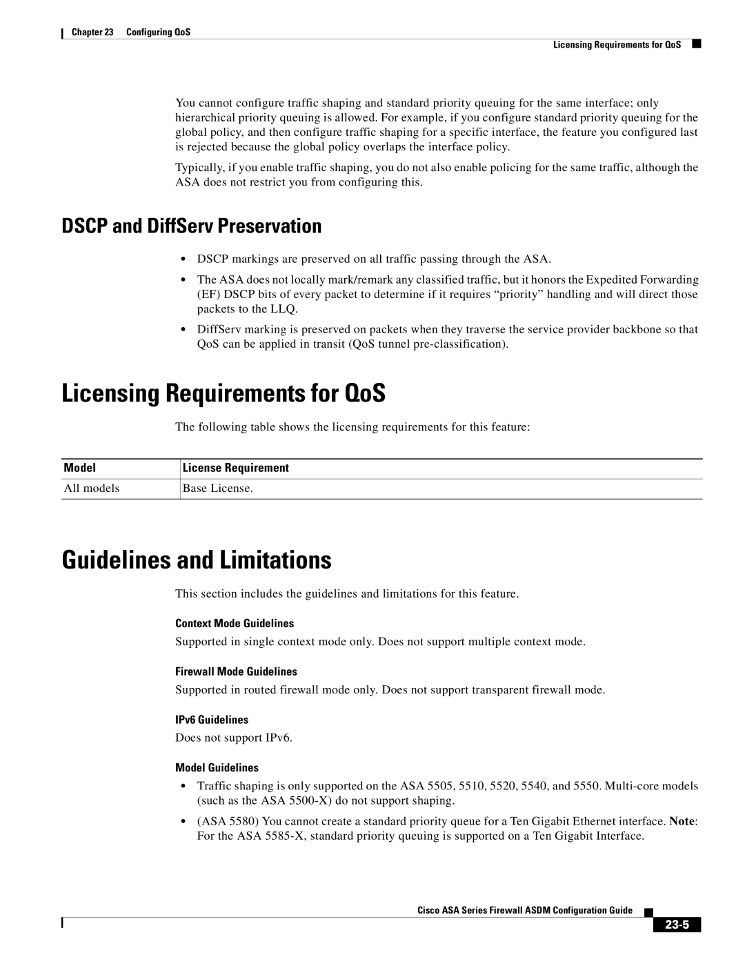 Cisco Systems ASA Services Module Licensing Requirements for QoS, Dscp and DiffServ Preservation, Model Guidelines, 23-5 