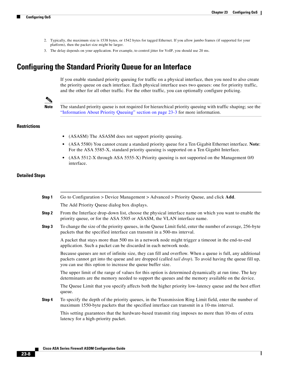 Cisco Systems ASA 5555-X, ASA 5505, ASA 5545-X, ASA 5585-X Configuring the Standard Priority Queue for an Interface, 23-8 