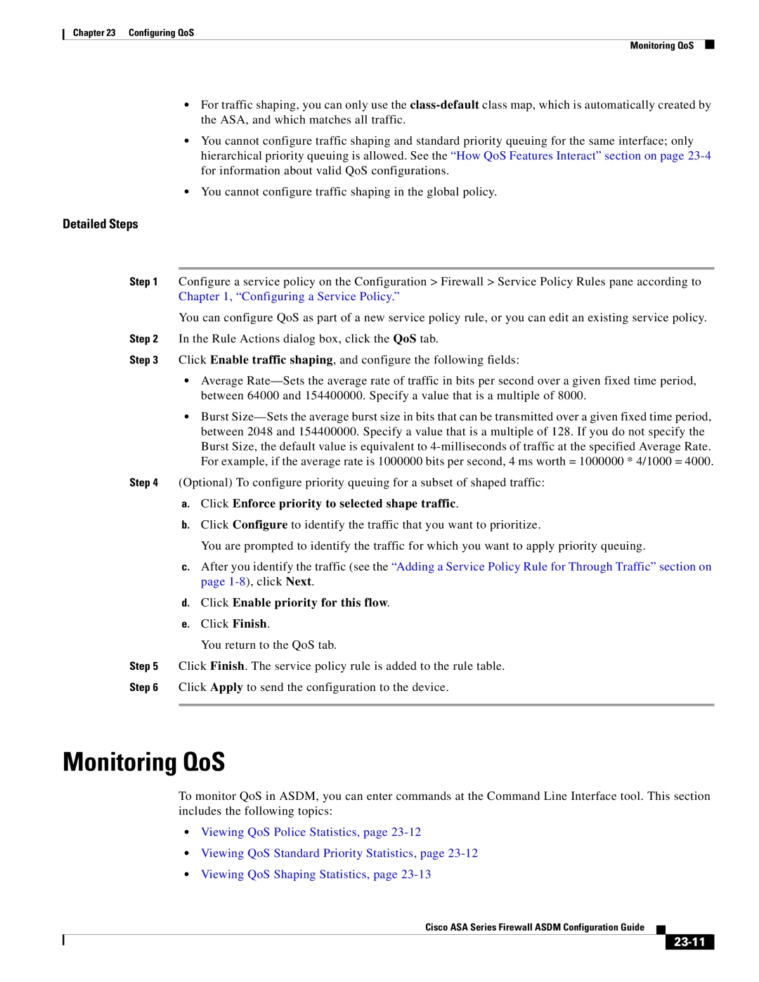 Cisco Systems ASA Services Module, ASA 5505 manual Monitoring QoS, Click Enforce priority to selected shape traffic, 23-11 