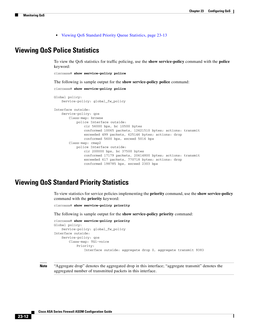 Cisco Systems ASA 5505, ASA 5545-X, ASA 5580 Viewing QoS Police Statistics, Viewing QoS Standard Priority Statistics, 23-12 