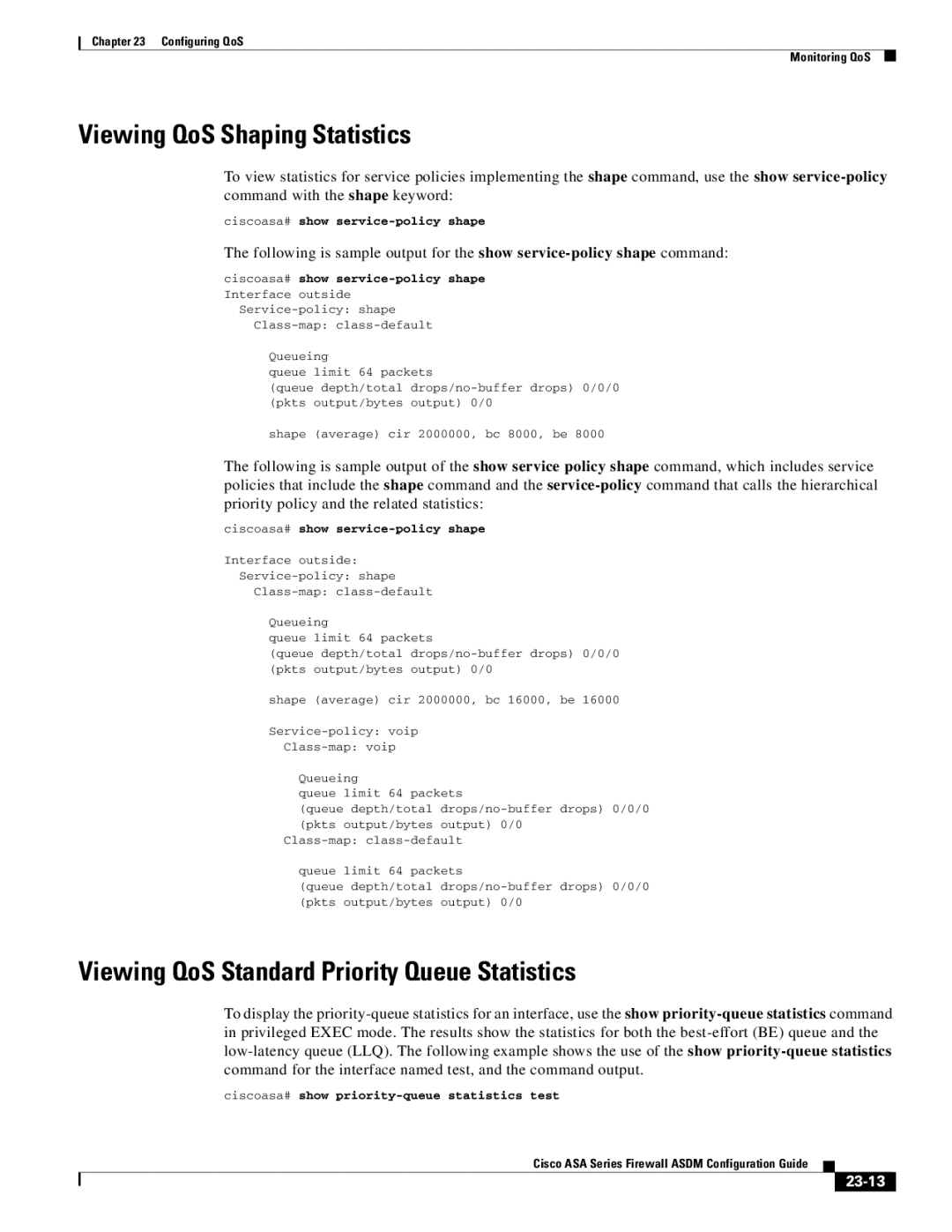 Cisco Systems ASA 5545-X, ASA 5505 Viewing QoS Shaping Statistics, Viewing QoS Standard Priority Queue Statistics, 23-13 