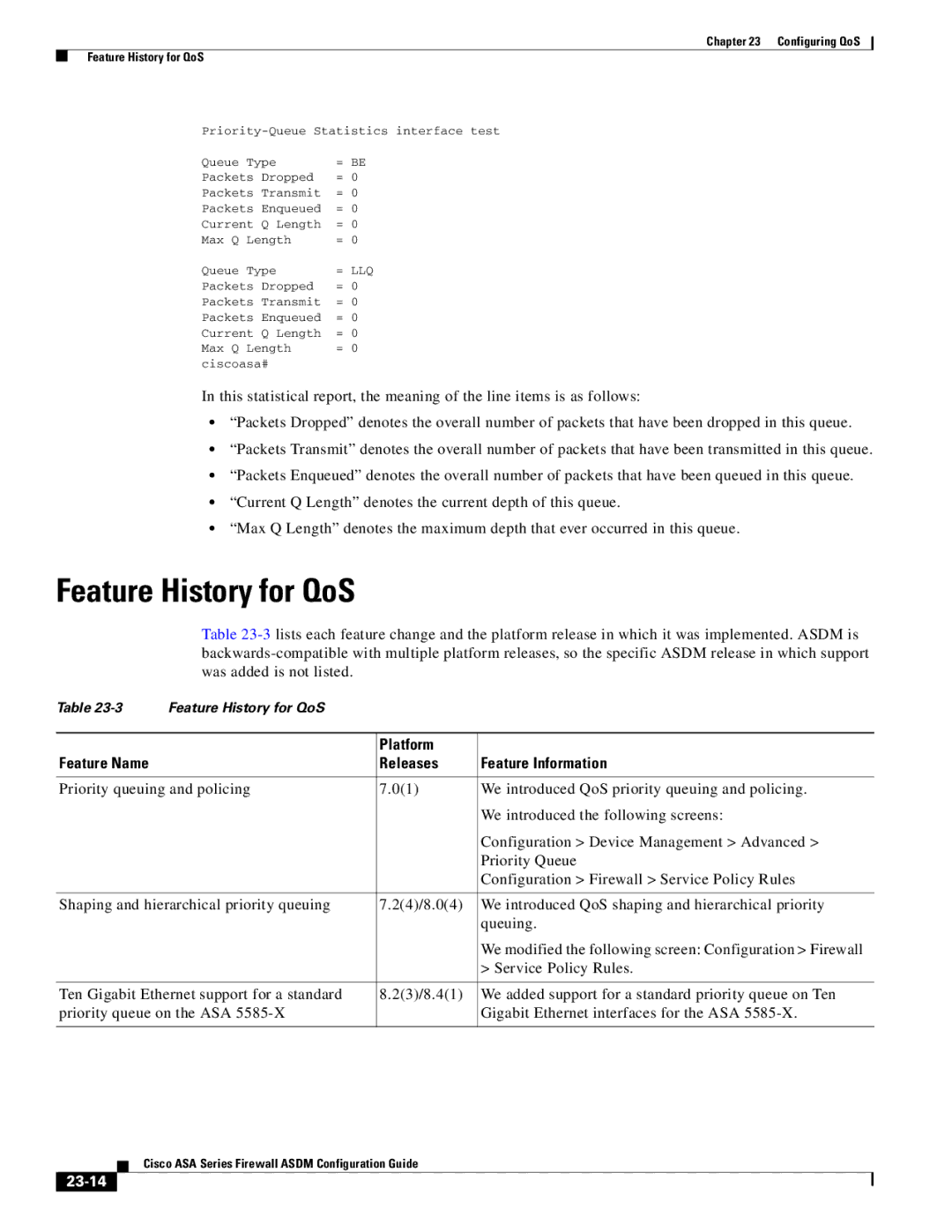 Cisco Systems ASA 5555-X, ASA 5505, ASA 5545-X, ASA 5585-X, ASA 5580, ASA Services Module manual Feature History for QoS, 23-14 