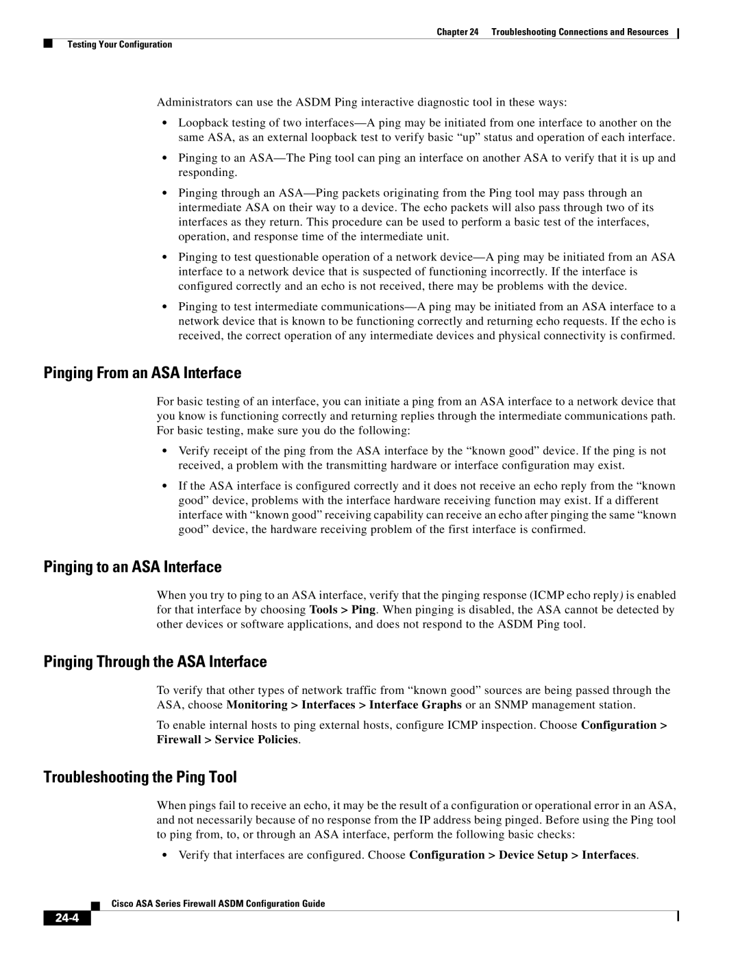 Cisco Systems ASA 5505 Pinging From an ASA Interface, Pinging to an ASA Interface, Pinging Through the ASA Interface, 24-4 