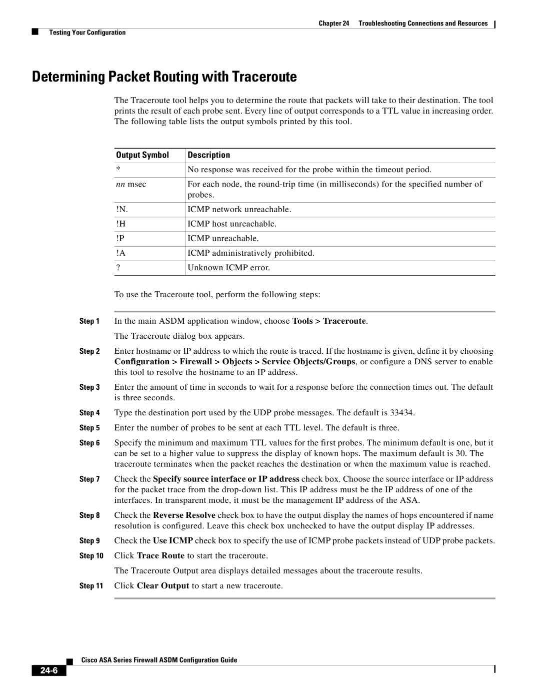 Cisco Systems ASA 5555-X, ASA 5505, ASA 5545-X Determining Packet Routing with Traceroute, Output Symbol Description, 24-6 