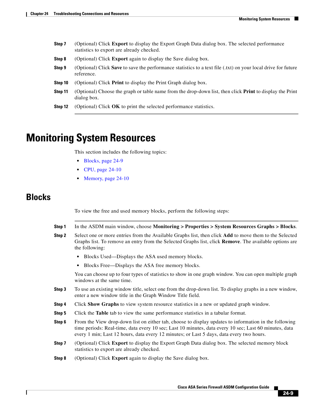 Cisco Systems ASA Services Module, ASA 5505, ASA 5545-X, ASA 5555-X, ASA 5585-X Monitoring System Resources, Blocks, 24-9 