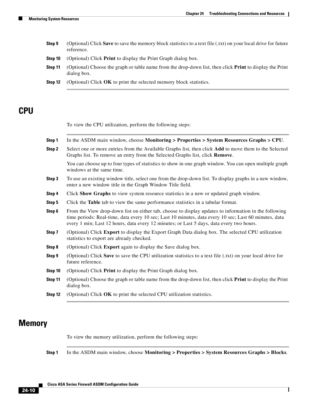 Cisco Systems ASA 5505, ASA 5545-X, ASA 5555-X, ASA 5585-X, ASA 5580, ASA Services Module manual Memory, 24-10 