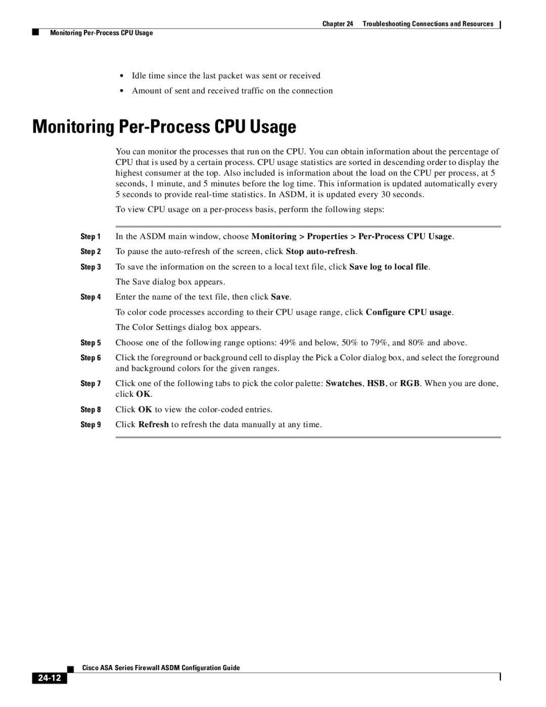 Cisco Systems ASA 5555-X, ASA 5505, ASA 5545-X, ASA 5585-X, ASA 5580 manual Monitoring Per-Process CPU Usage, 24-12 