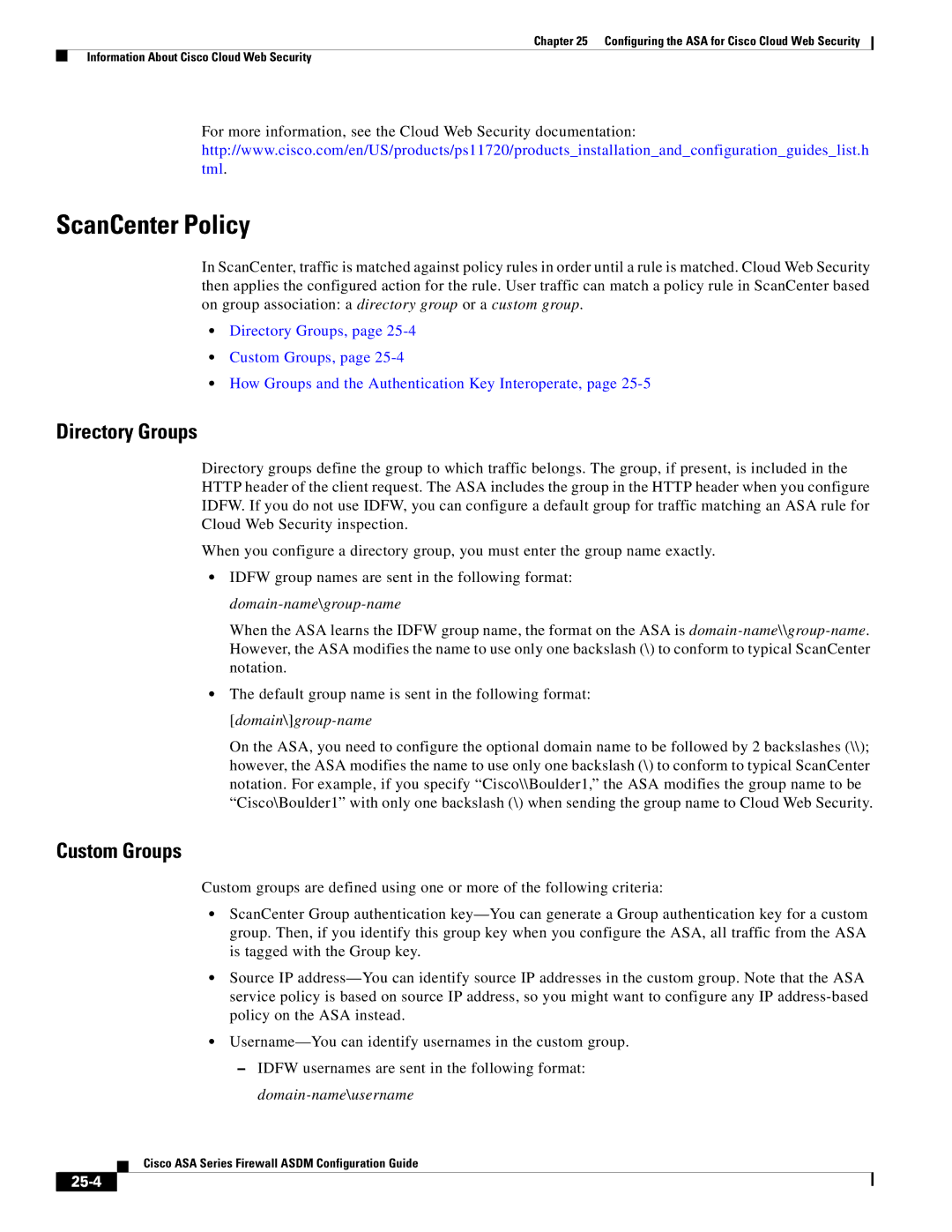 Cisco Systems ASA 5555-X, ASA 5505, ASA 5545-X, ASA 5585-X, ASA 5580 ScanCenter Policy, Directory Groups, Custom Groups, 25-4 