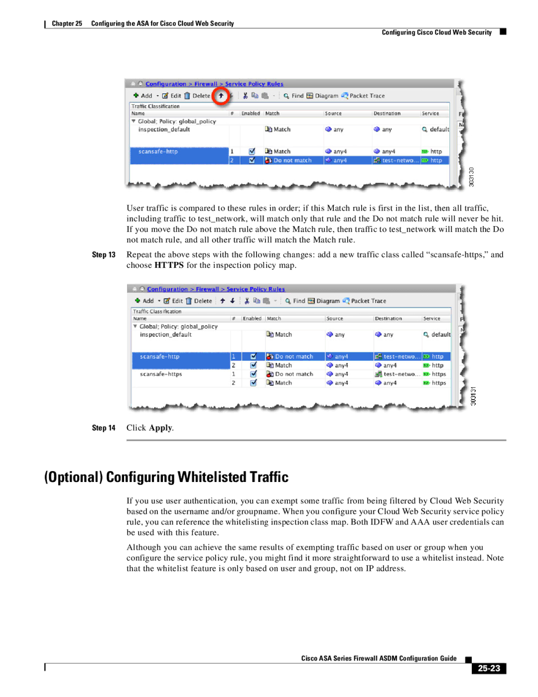 Cisco Systems ASA 5585-X, ASA 5505, ASA 5545-X, ASA 5555-X, ASA 5580 manual Optional Configuring Whitelisted Traffic, 25-23 