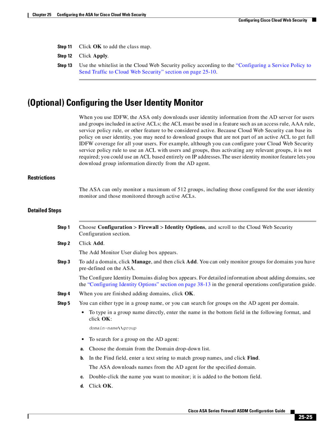 Cisco Systems ASA Services Module, ASA 5505, ASA 5545-X, ASA 5555-X Optional Configuring the User Identity Monitor, 25-25 