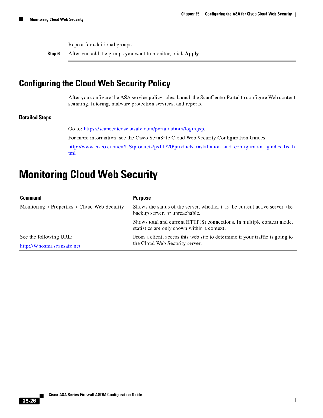 Cisco Systems ASA 5505, ASA 5545-X manual Monitoring Cloud Web Security, Configuring the Cloud Web Security Policy, 25-26 