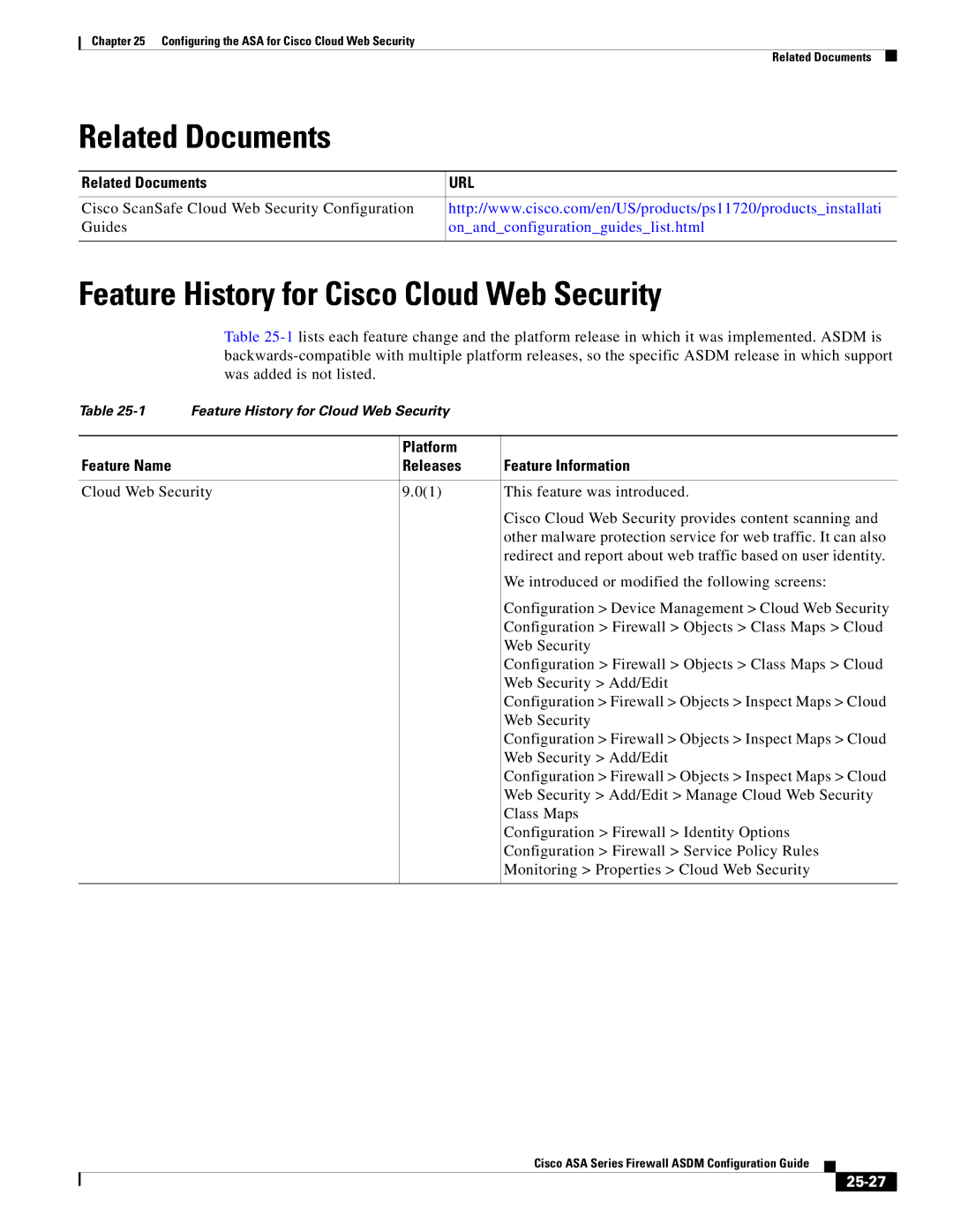 Cisco Systems ASA 5545-X, ASA 5505, ASA 5555-X manual Related Documents, Feature History for Cisco Cloud Web Security, 25-27 