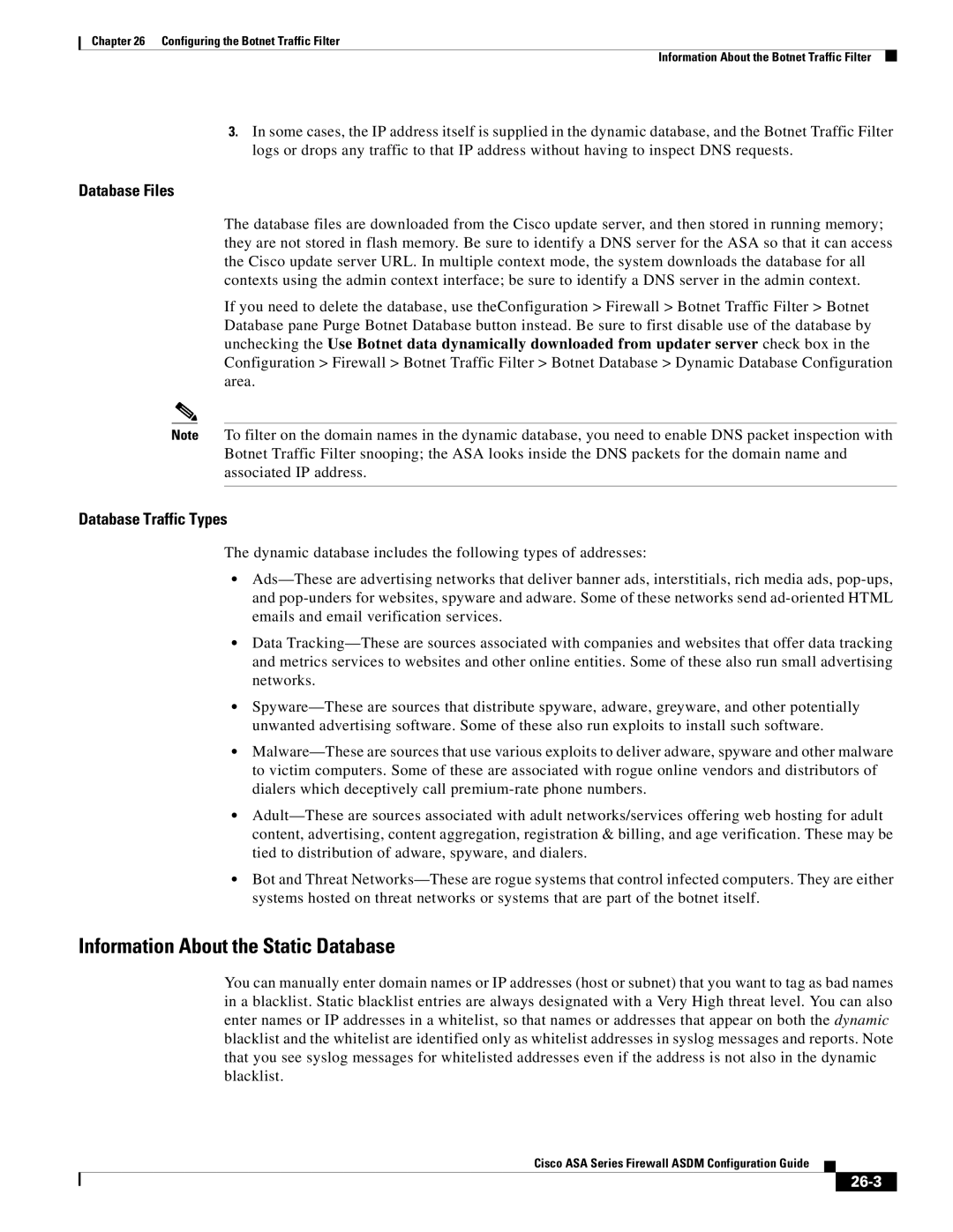 Cisco Systems ASA Services Module, ASA 5505, ASA 5545-X, ASA 5555-X, ASA 5585-X Information About the Static Database, 26-3 