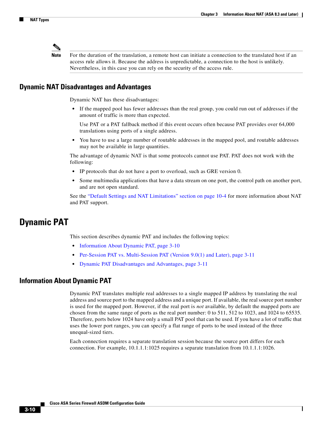 Cisco Systems ASA 5505, ASA 5545-X, ASA 5555-X Dynamic NAT Disadvantages and Advantages, Information About Dynamic PAT 