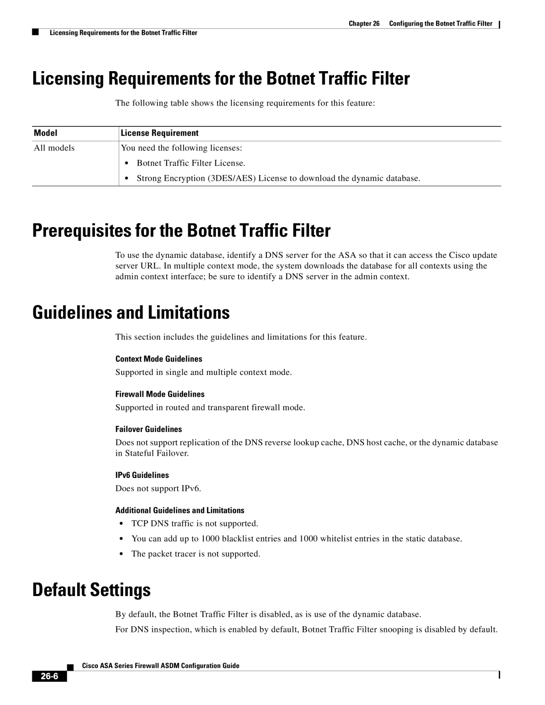 Cisco Systems ASA 5555-X Licensing Requirements for the Botnet Traffic Filter, Prerequisites for the Botnet Traffic Filter 