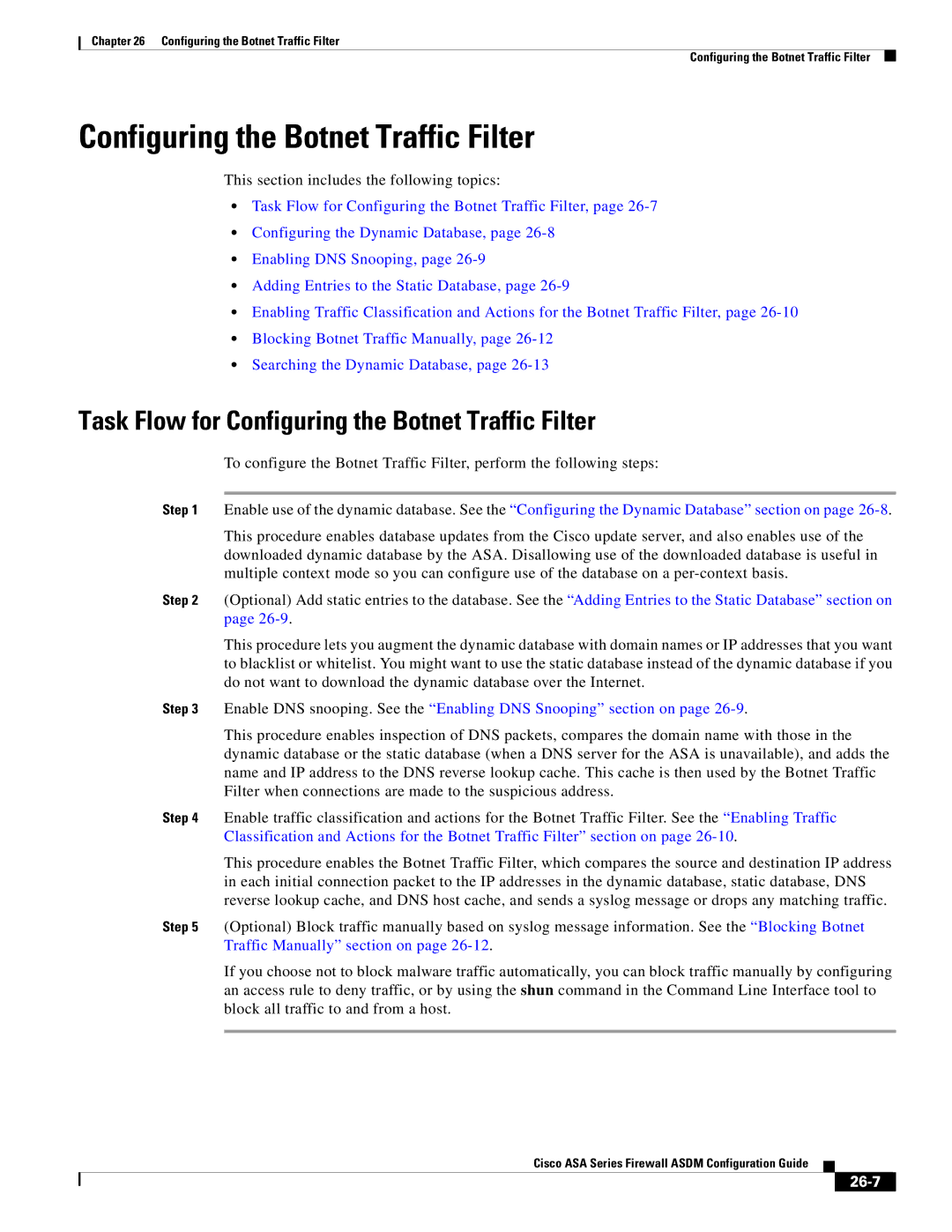 Cisco Systems ASA 5585-X, ASA 5505, ASA 5545-X, ASA 5555-X Task Flow for Configuring the Botnet Traffic Filter, 26-7 