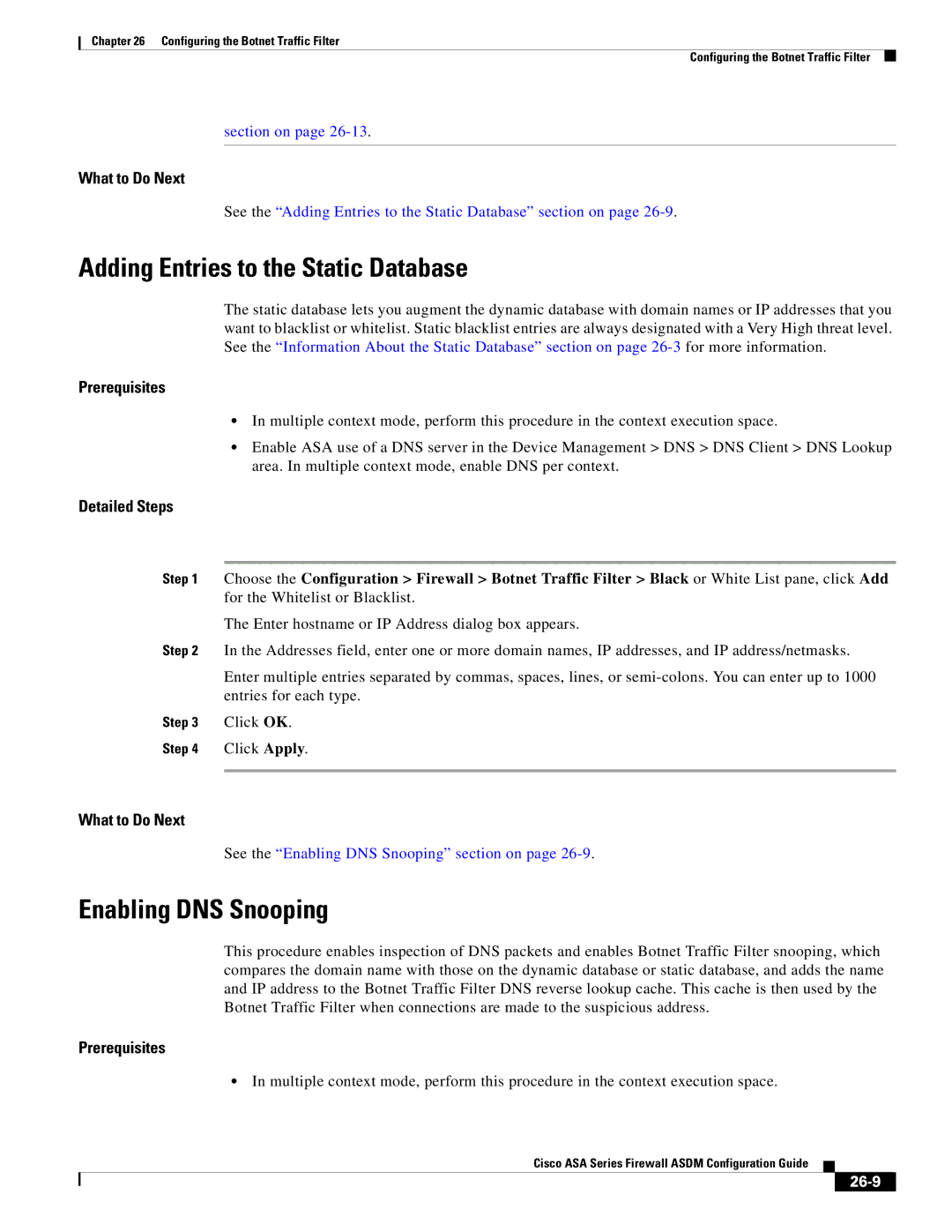 Cisco Systems ASA Services Module, ASA 5505, ASA 5545-X Adding Entries to the Static Database, Enabling DNS Snooping, 26-9 