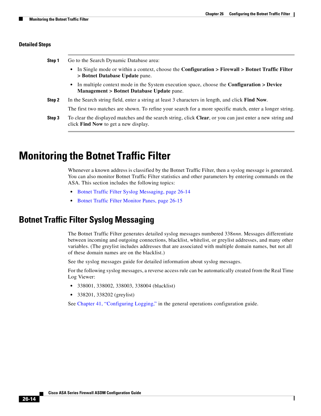 Cisco Systems ASA 5580, ASA 5505 manual Monitoring the Botnet Traffic Filter, Botnet Traffic Filter Syslog Messaging, 26-14 