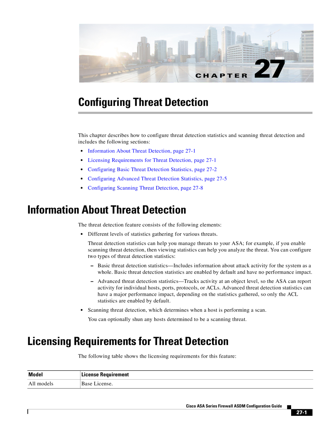 Cisco Systems ASA 5545-X, ASA 5505, ASA 5555-X manual Configuring Threat Detection, Information About Threat Detection, 27-1 