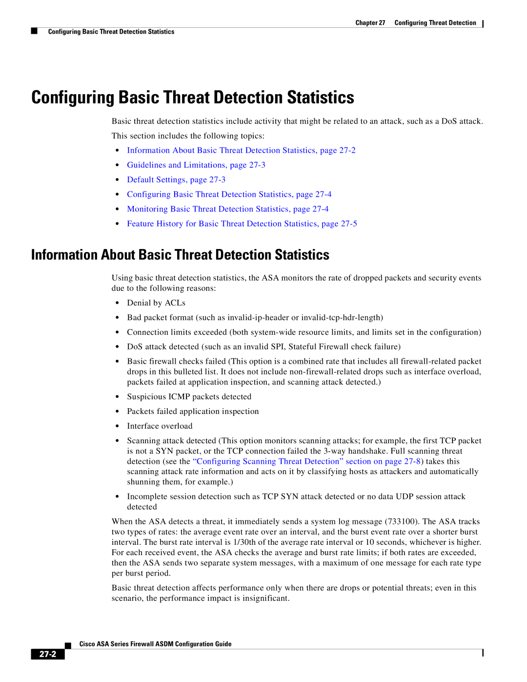 Cisco Systems ASA 5555-X, ASA 5505, ASA 5545-X, ASA 5585-X, ASA 5580 manual Configuring Basic Threat Detection Statistics, 27-2 