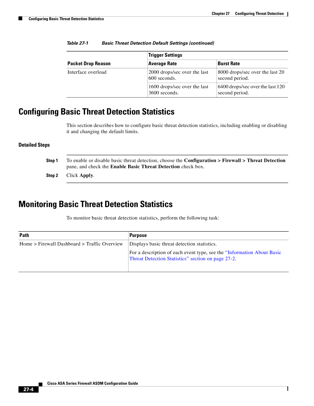 Cisco Systems ASA 5580 Configuring Basic Threat Detection Statistics, Monitoring Basic Threat Detection Statistics, 27-4 