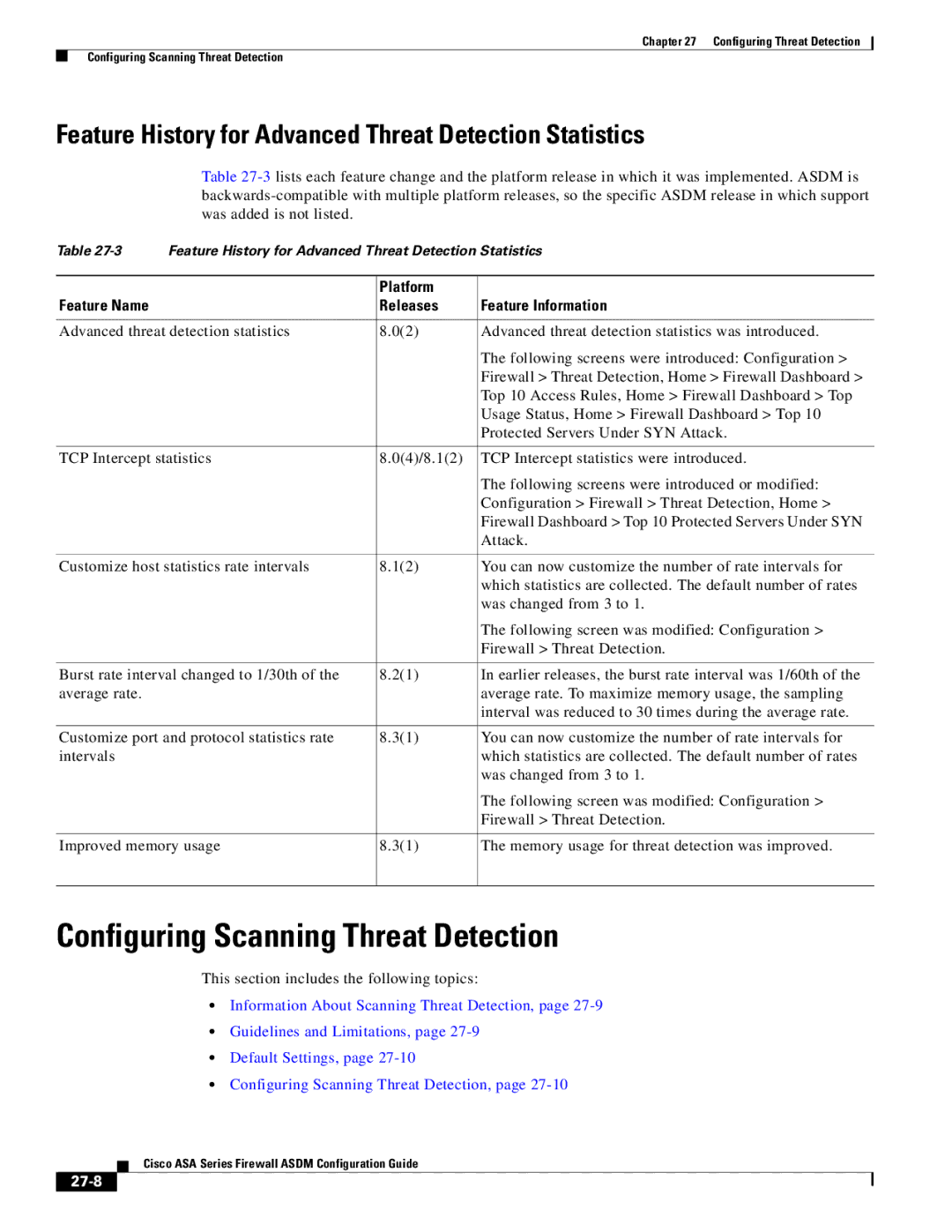 Cisco Systems ASA 5555-X Configuring Scanning Threat Detection, Feature History for Advanced Threat Detection Statistics 