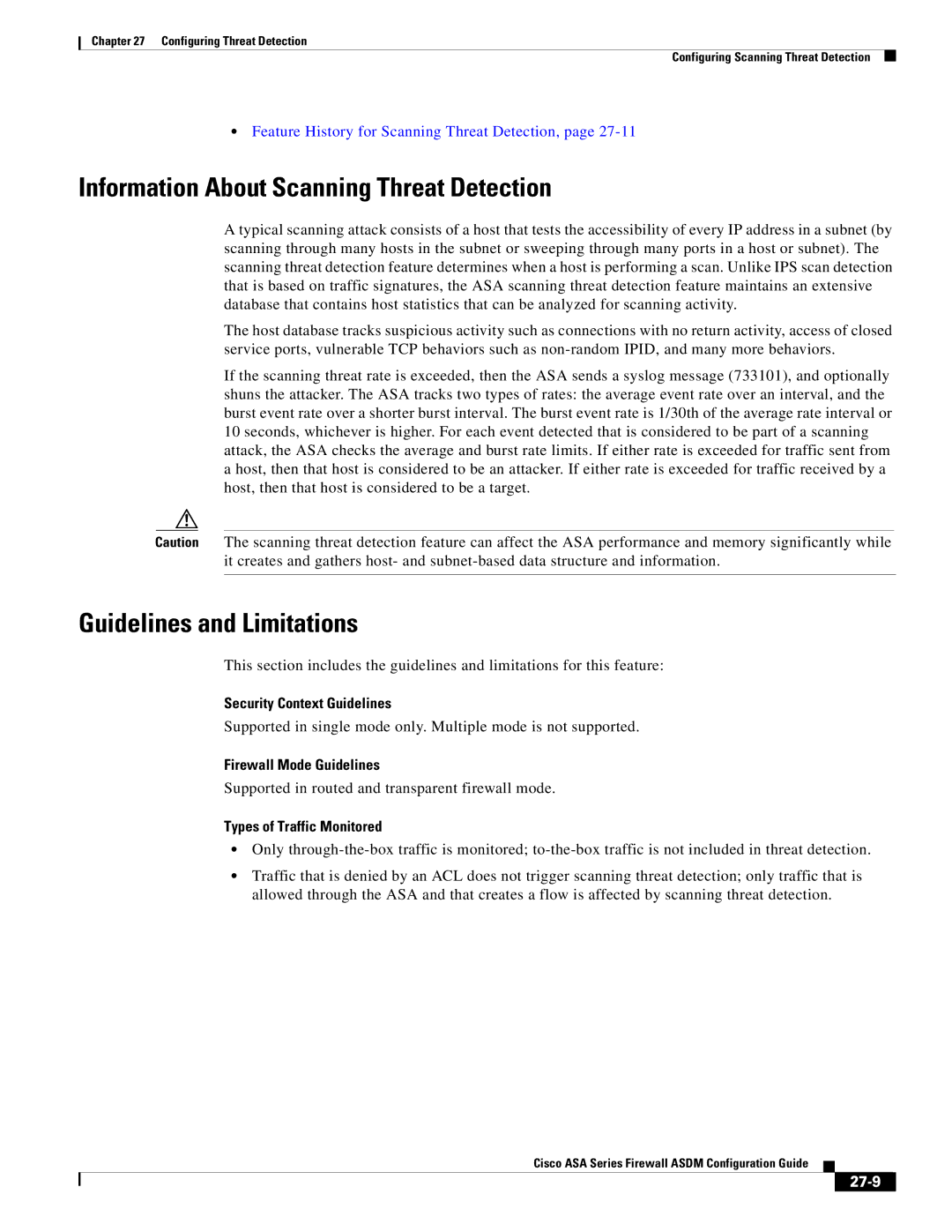 Cisco Systems ASA 5585-X, ASA 5505, ASA 5545-X, ASA 5555-X, ASA 5580 manual Information About Scanning Threat Detection, 27-9 