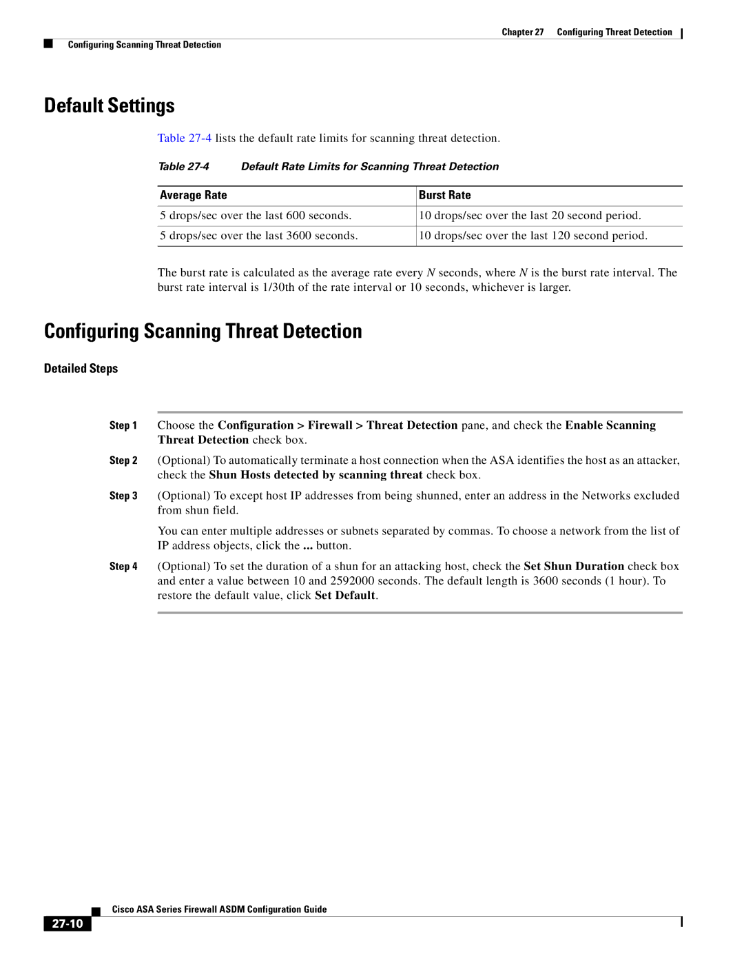 Cisco Systems ASA 5580, ASA 5505, ASA 5545-X manual Configuring Scanning Threat Detection, Average Rate Burst Rate, 27-10 