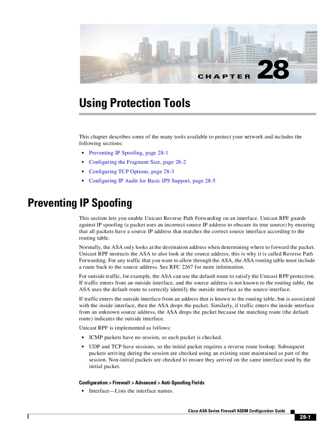 Cisco Systems ASA 5545-X, ASA 5505, ASA 5555-X, ASA 5585-X, ASA 5580 Using Protection Tools, Preventing IP Spoofing, 28-1 