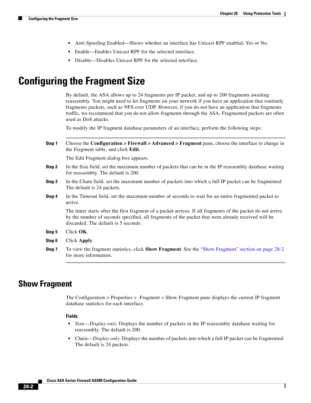 Cisco Systems ASA 5555-X, ASA 5505, ASA 5545-X, ASA 5585-X, ASA 5580 manual Configuring the Fragment Size, Show Fragment, 28-2 