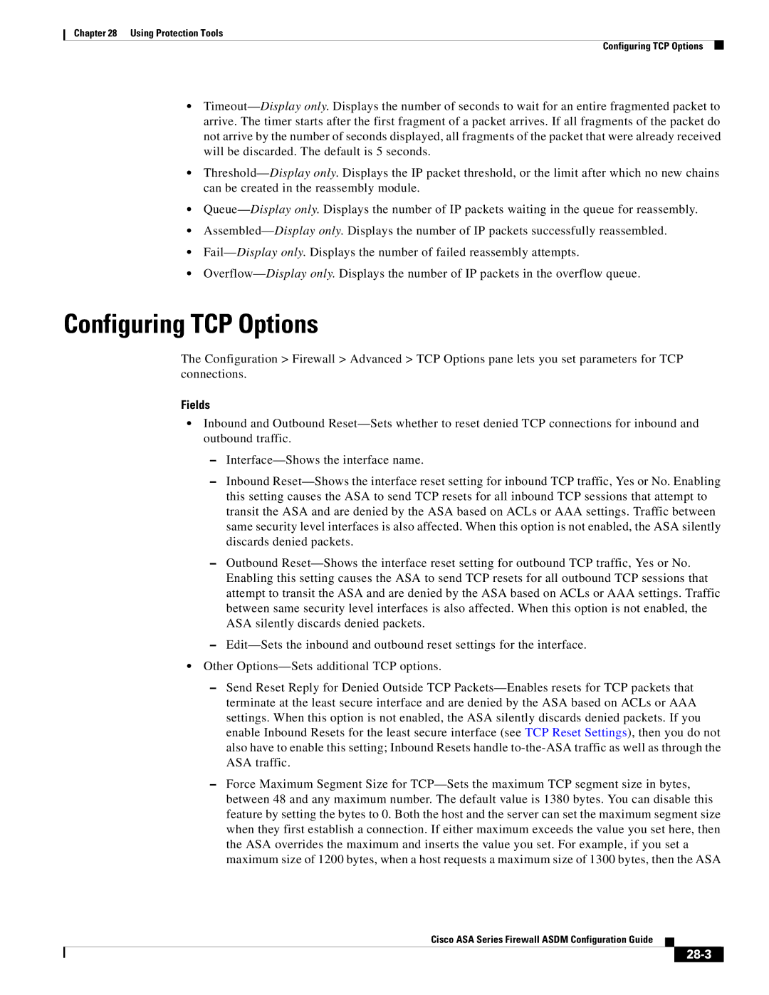 Cisco Systems ASA 5585-X, ASA 5505, ASA 5545-X, ASA 5555-X, ASA 5580, ASA Services Module manual Configuring TCP Options, 28-3 