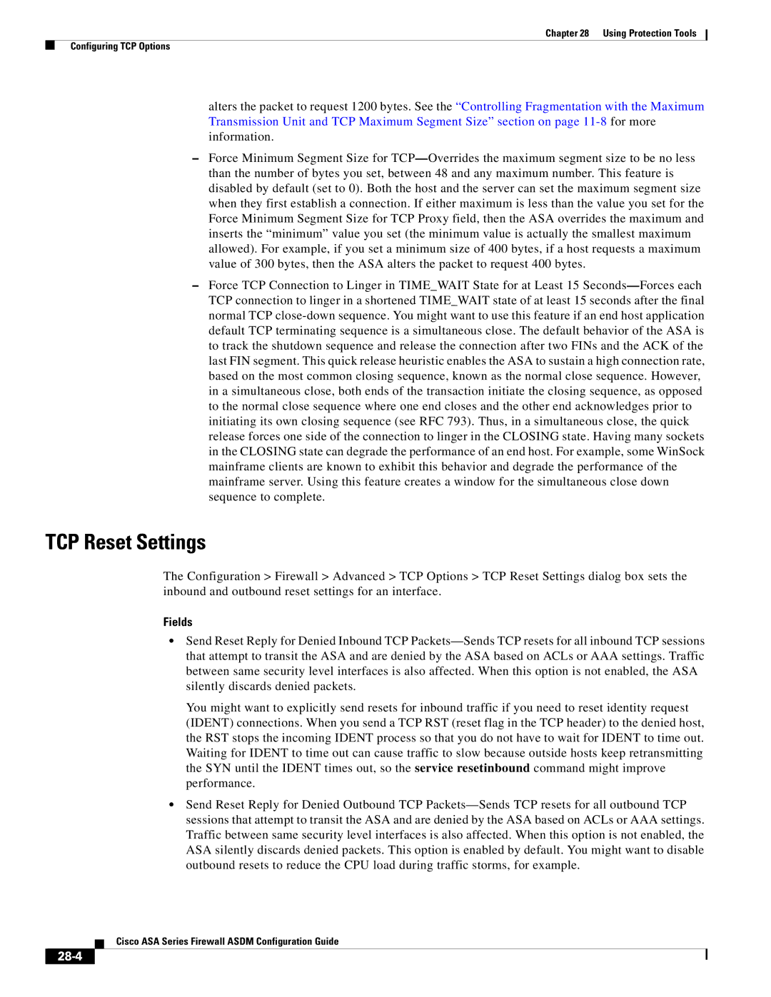 Cisco Systems ASA 5580, ASA 5505, ASA 5545-X, ASA 5555-X, ASA 5585-X, ASA Services Module manual TCP Reset Settings, 28-4 