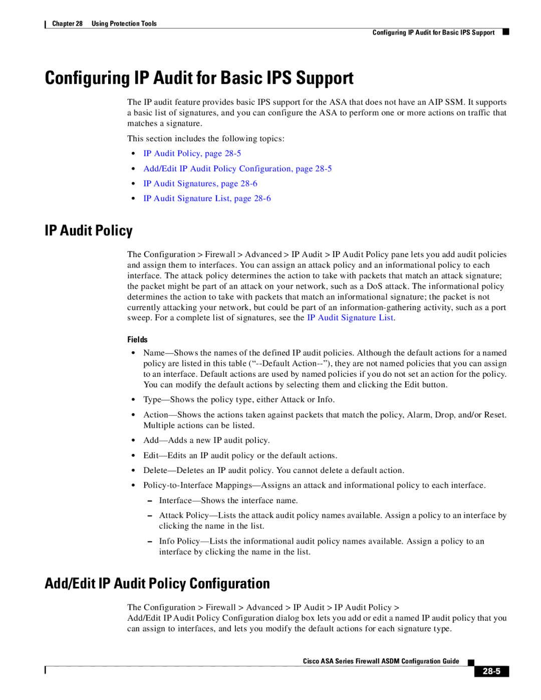 Cisco Systems ASA Services Module, ASA 5505, ASA 5545-X Configuring IP Audit for Basic IPS Support, IP Audit Policy, 28-5 