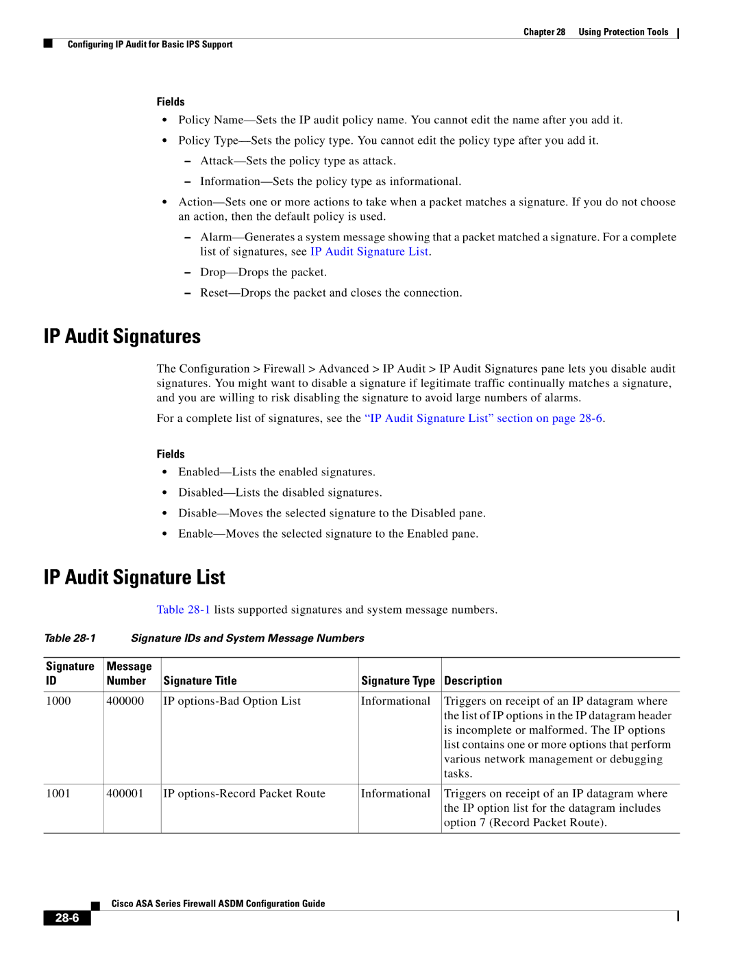 Cisco Systems ASA 5505 manual IP Audit Signatures, IP Audit Signature List, Signature Message Number Signature Title, 28-6 