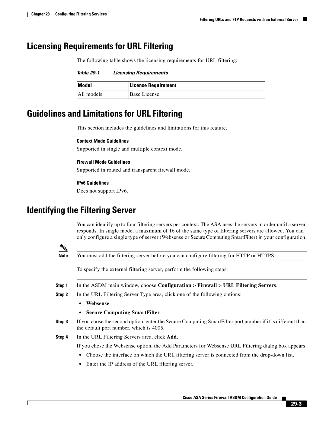 Cisco Systems ASA 5585-X Licensing Requirements for URL Filtering, Guidelines and Limitations for URL Filtering, 29-3 