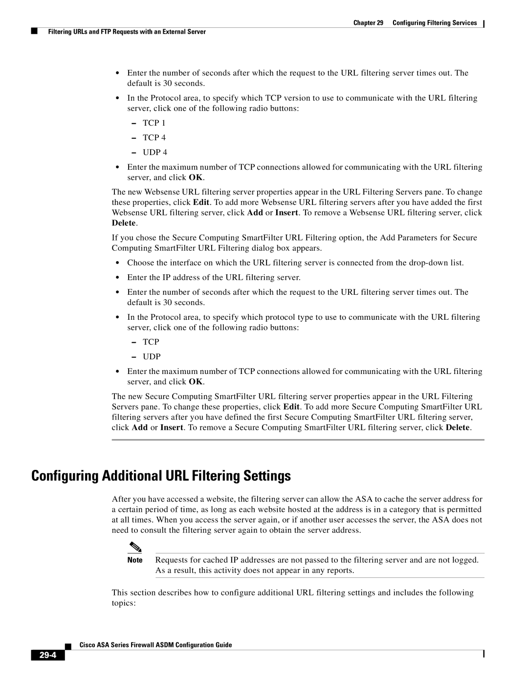 Cisco Systems ASA 5580, ASA 5505, ASA 5545-X, ASA 5555-X, ASA 5585-X manual Configuring Additional URL Filtering Settings, 29-4 