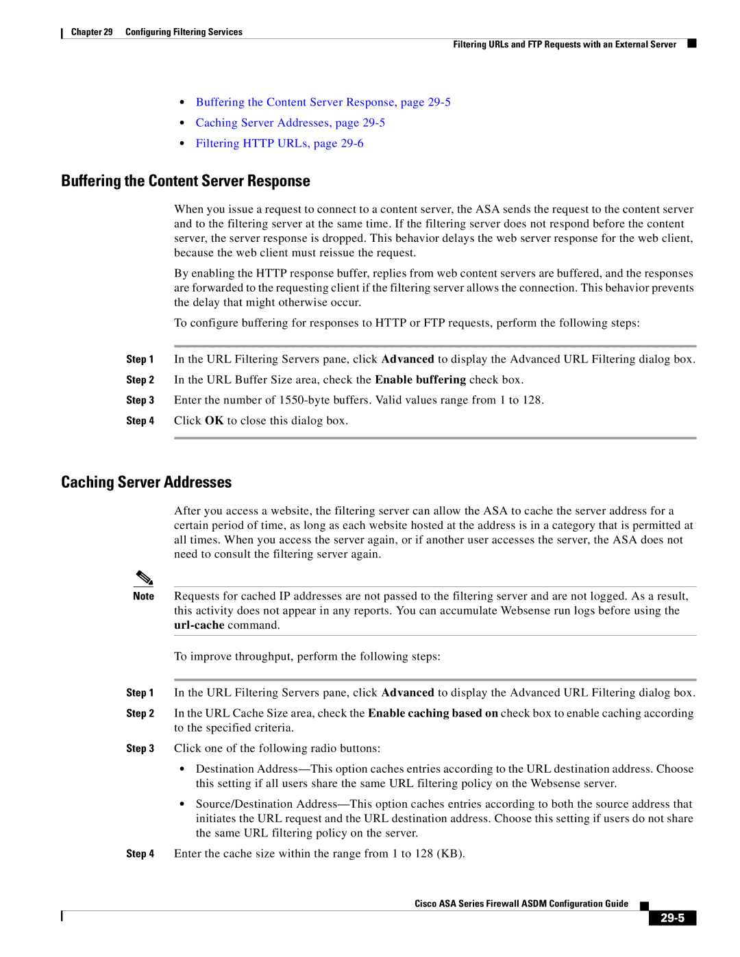 Cisco Systems ASA Services Module, ASA 5505, ASA 5580 Buffering the Content Server Response, Caching Server Addresses, 29-5 