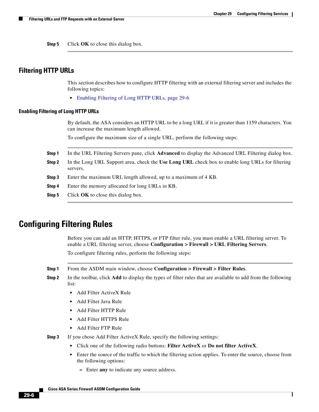 Cisco Systems ASA 5505, ASA 5545-X, ASA 5555-X, ASA 5585-X, ASA 5580 Configuring Filtering Rules, Filtering Http URLs, 29-6 