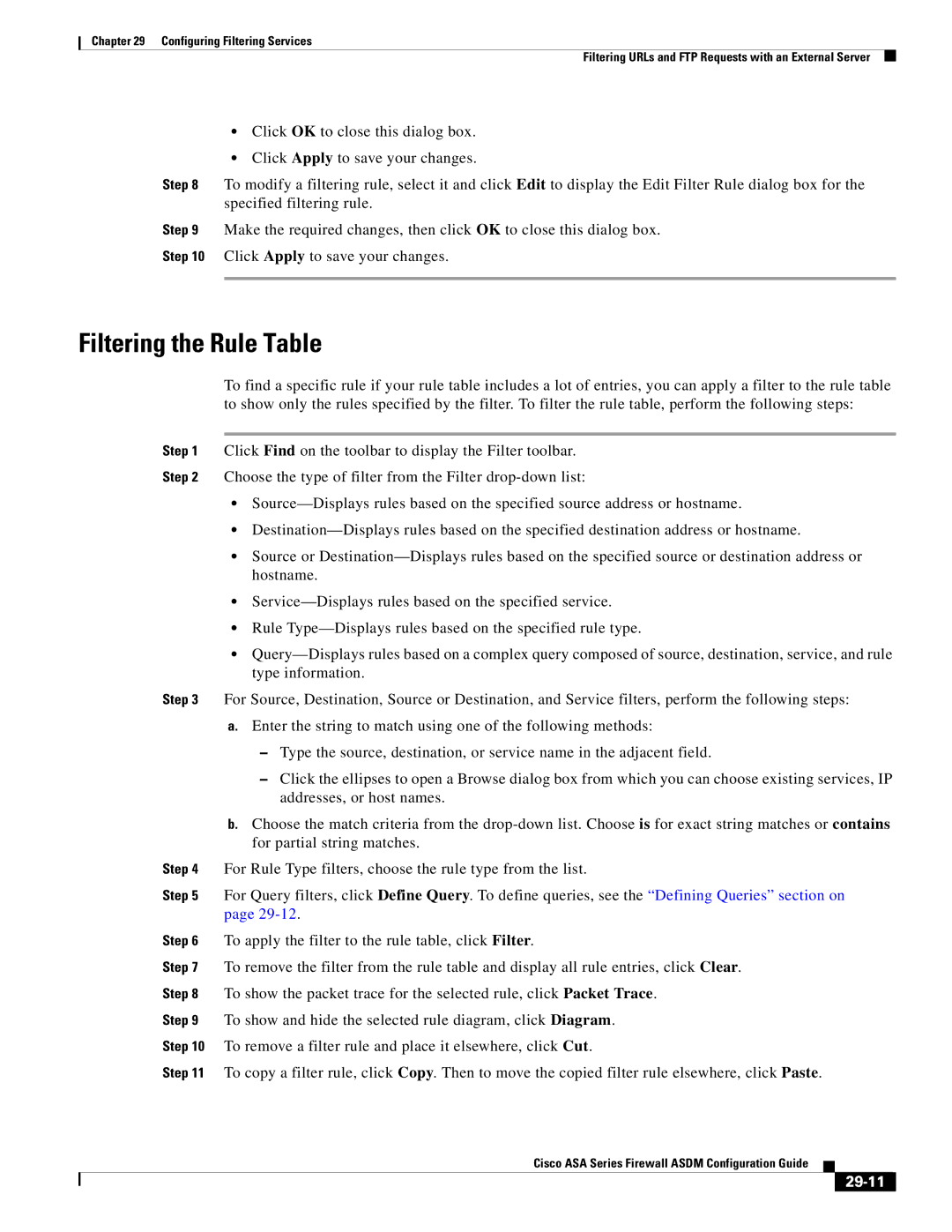 Cisco Systems ASA Services Module, ASA 5505, ASA 5545-X, ASA 5555-X, ASA 5585-X, ASA 5580 manual Filtering the Rule Table, 29-11 