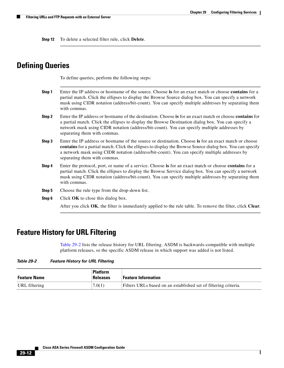 Cisco Systems ASA 5505, ASA 5545-X, ASA 5555-X, ASA 5585-X manual Defining Queries, Feature History for URL Filtering, 29-12 